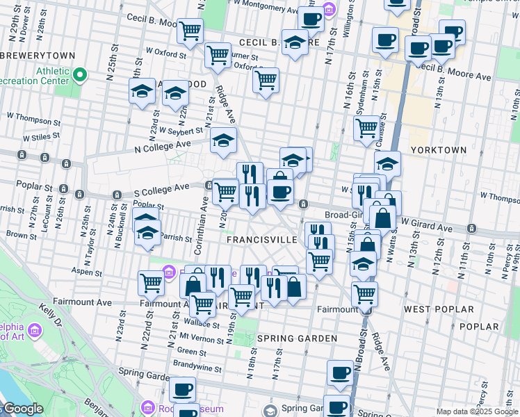 map of restaurants, bars, coffee shops, grocery stores, and more near 1825 Ginnodo Street in Philadelphia