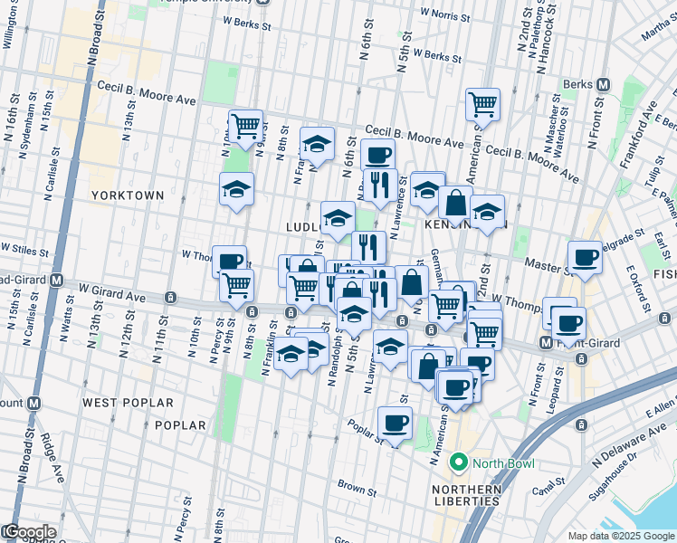 map of restaurants, bars, coffee shops, grocery stores, and more near 1309 North 6th Street in Philadelphia