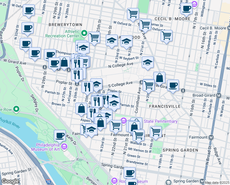 map of restaurants, bars, coffee shops, grocery stores, and more near 2212 Poplar Street in Philadelphia