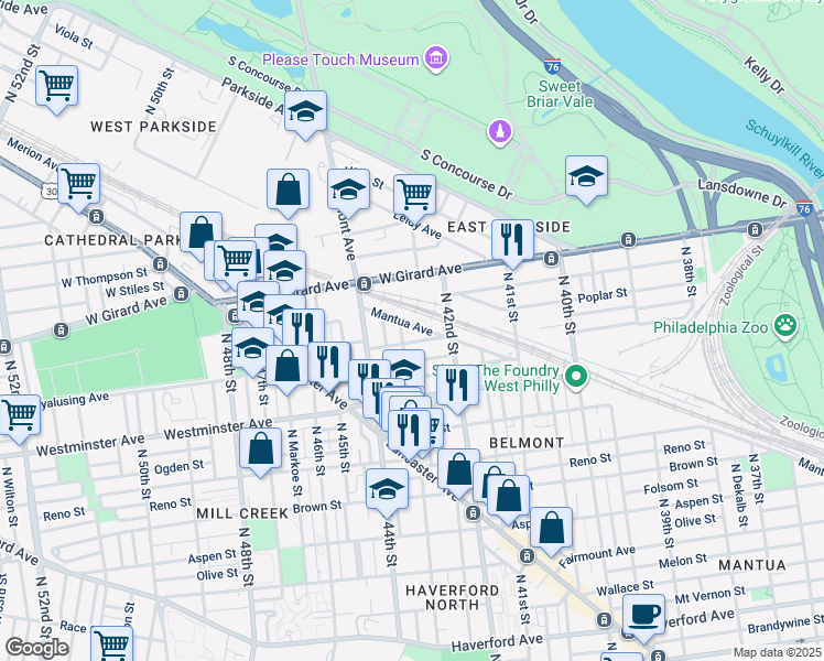 map of restaurants, bars, coffee shops, grocery stores, and more near 4228 Mantua Avenue in Philadelphia