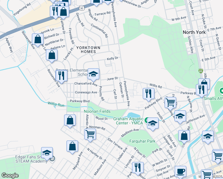 map of restaurants, bars, coffee shops, grocery stores, and more near 743 Conewago Avenue in York