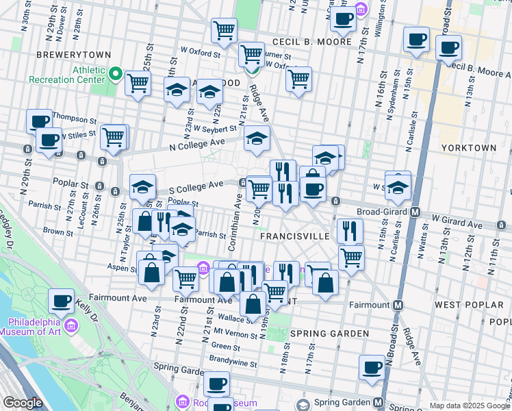 map of restaurants, bars, coffee shops, grocery stores, and more near 910 N 20th St in Philadelphia