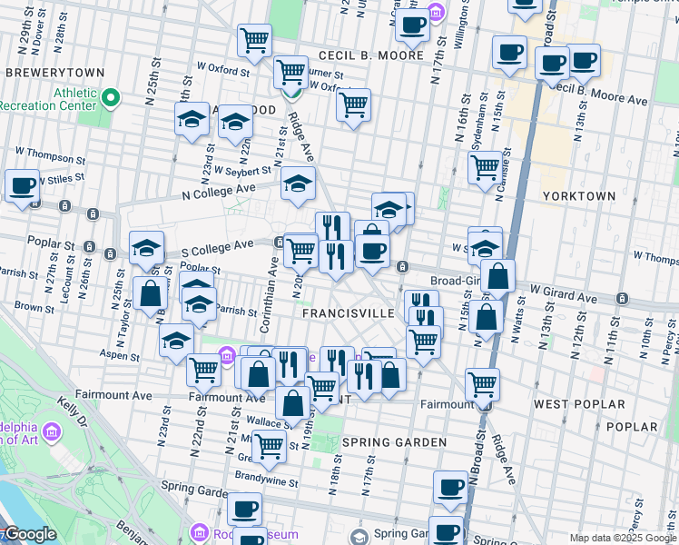 map of restaurants, bars, coffee shops, grocery stores, and more near in Philadelphia