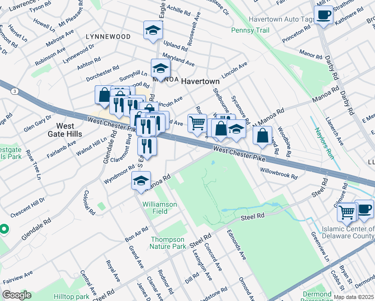 map of restaurants, bars, coffee shops, grocery stores, and more near 8 Columbus Avenue in Havertown
