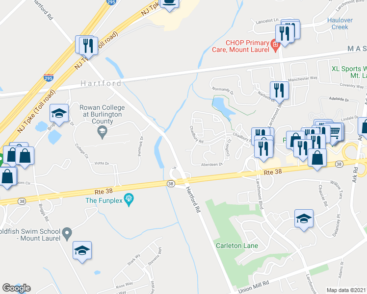 map of restaurants, bars, coffee shops, grocery stores, and more near 4204B Aberdeen Drive in Mount Laurel Township