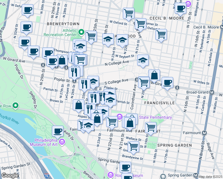 map of restaurants, bars, coffee shops, grocery stores, and more near 2212 Poplar Street in Philadelphia