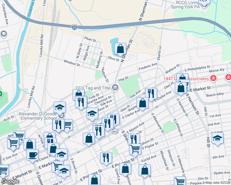 map of restaurants, bars, coffee shops, grocery stores, and more near 255 North Sherman Street in York
