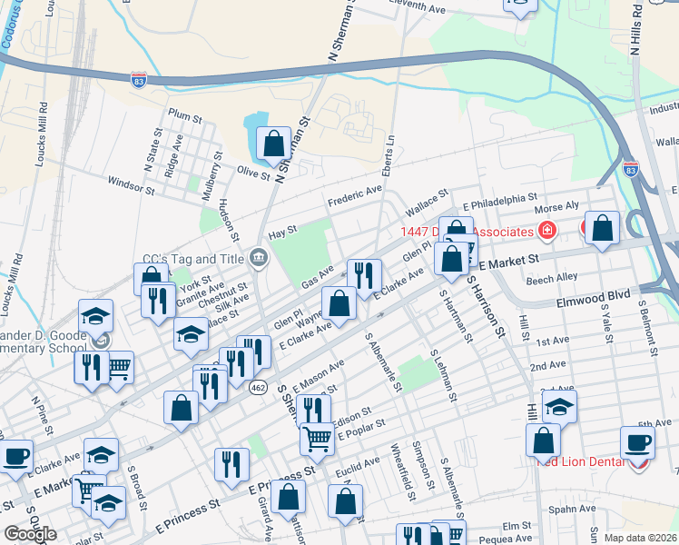 map of restaurants, bars, coffee shops, grocery stores, and more near 1002 State Route 462 in York