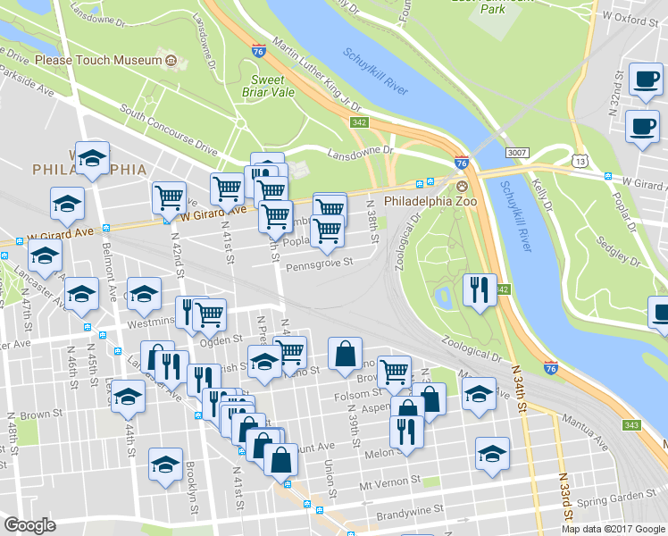 map of restaurants, bars, coffee shops, grocery stores, and more near 3864 Pennsgrove Street in Philadelphia