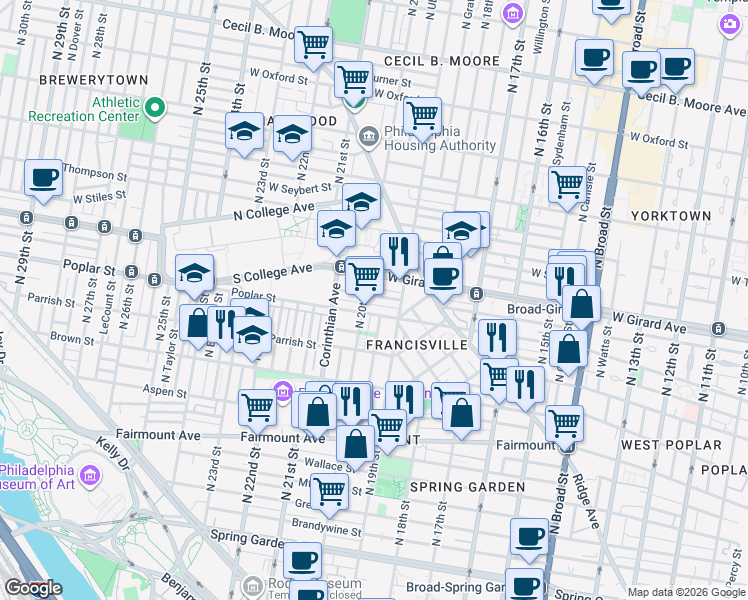 map of restaurants, bars, coffee shops, grocery stores, and more near in Philadelphia