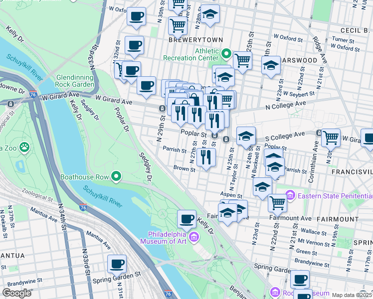 map of restaurants, bars, coffee shops, grocery stores, and more near 2717 Parrish Street in Philadelphia