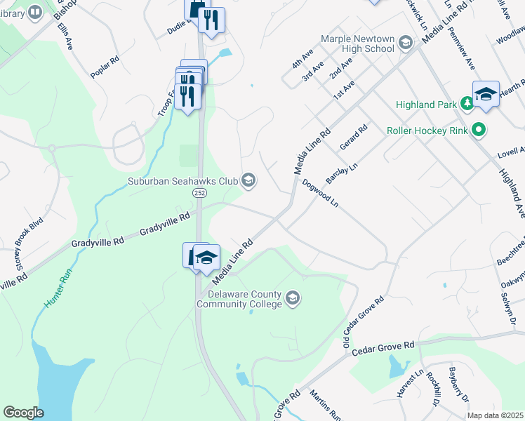 map of restaurants, bars, coffee shops, grocery stores, and more near 3609 Gradyville Road in Newtown Square