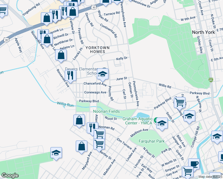 map of restaurants, bars, coffee shops, grocery stores, and more near 779 Priority Road in York