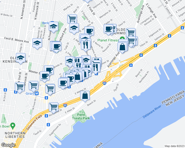 map of restaurants, bars, coffee shops, grocery stores, and more near 625 East Girard Avenue in Philadelphia
