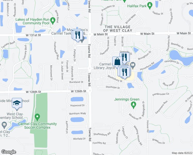 map of restaurants, bars, coffee shops, grocery stores, and more near 12668 Treaty Line Street in Carmel