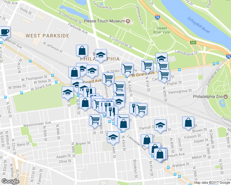 map of restaurants, bars, coffee shops, grocery stores, and more near 1016 North 43rd Street in Philadelphia