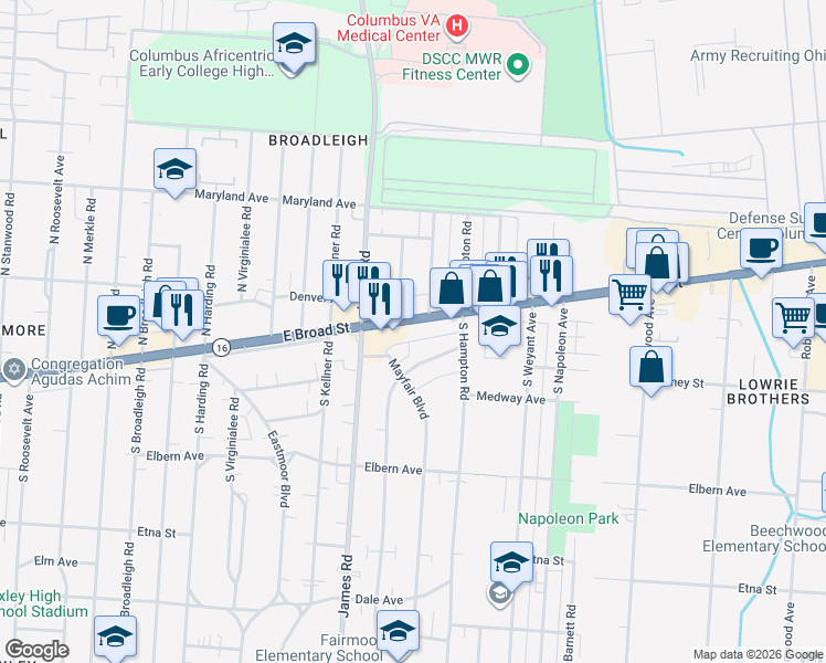map of restaurants, bars, coffee shops, grocery stores, and more near 3349 East Broad Street in Columbus