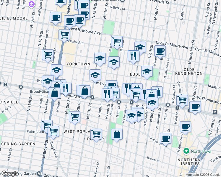 map of restaurants, bars, coffee shops, grocery stores, and more near 1235 North Hutchinson Street in Philadelphia