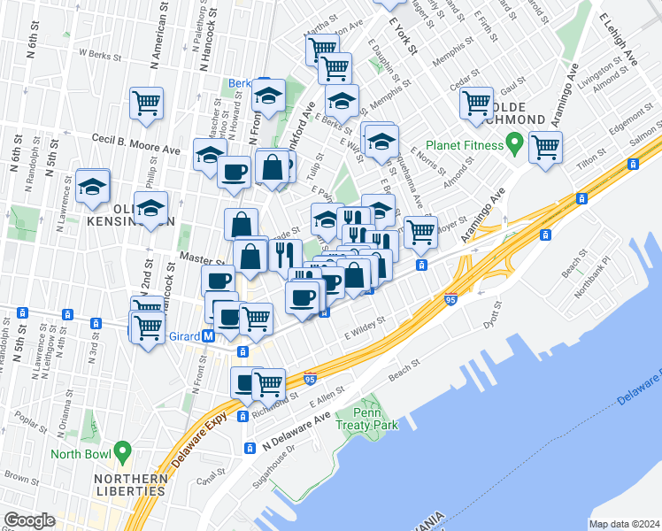 map of restaurants, bars, coffee shops, grocery stores, and more near 432 East Thompson Street in Philadelphia