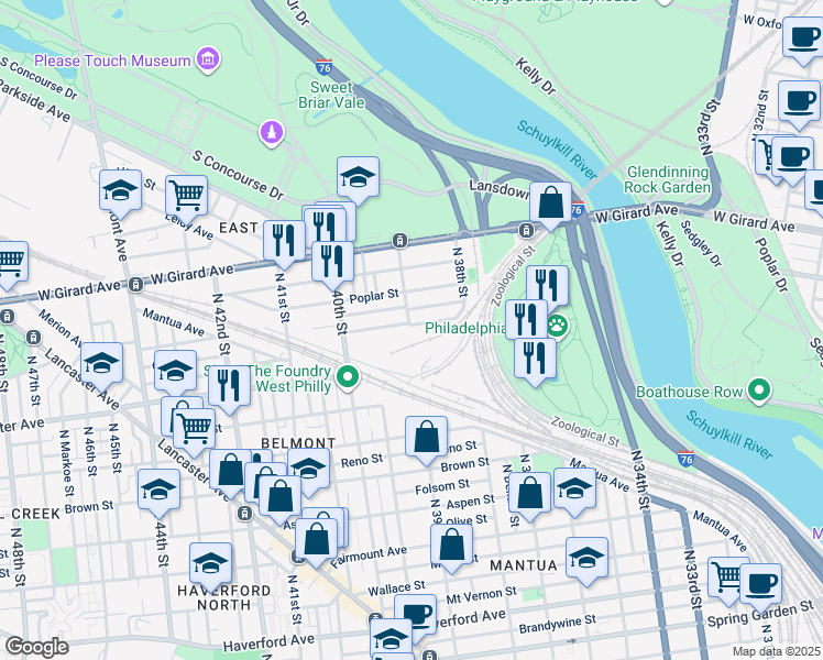 map of restaurants, bars, coffee shops, grocery stores, and more near 3864 Pennsgrove Street in Philadelphia