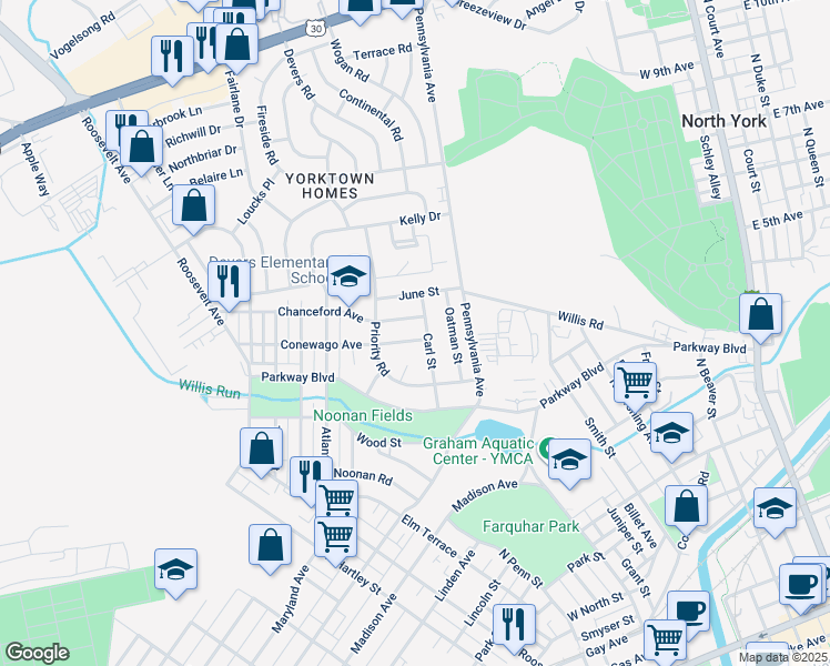 map of restaurants, bars, coffee shops, grocery stores, and more near 735 Conewago Avenue in York