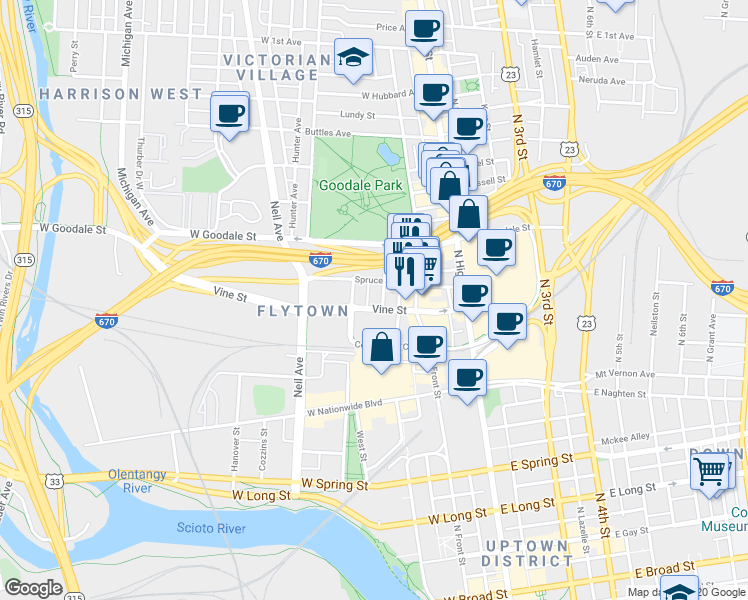 map of restaurants, bars, coffee shops, grocery stores, and more near 144 Vine Street in Columbus