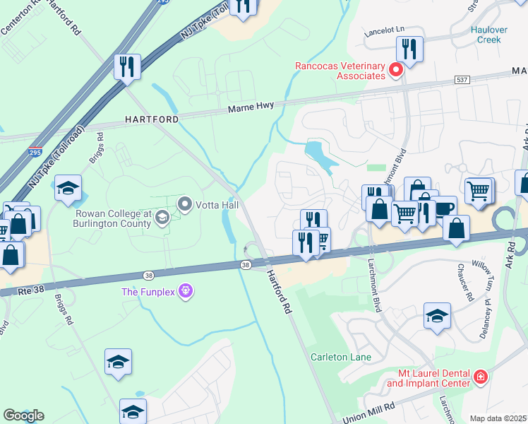 map of restaurants, bars, coffee shops, grocery stores, and more near 4204B Aberdeen Drive in Mount Laurel Township