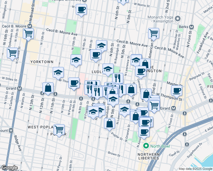 map of restaurants, bars, coffee shops, grocery stores, and more near 1311 6th Street in Philadelphia