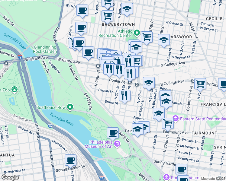 map of restaurants, bars, coffee shops, grocery stores, and more near 2717 Parrish Street in Philadelphia