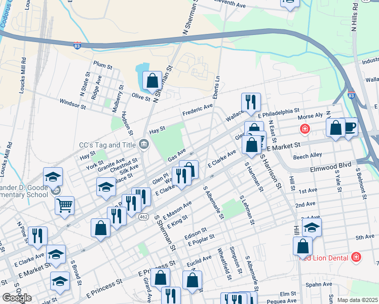 map of restaurants, bars, coffee shops, grocery stores, and more near 983 East Philadelphia Street in York
