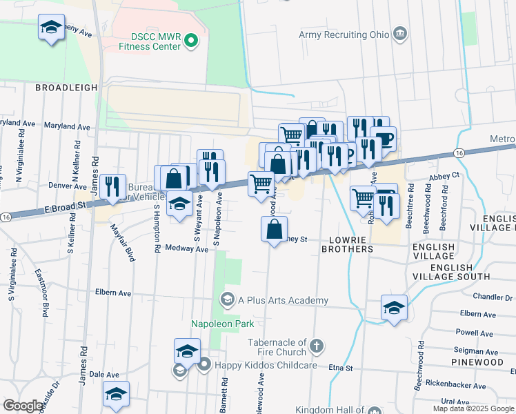 map of restaurants, bars, coffee shops, grocery stores, and more near 3675 Ohio 16 in Whitehall