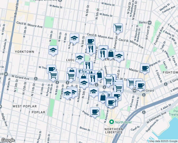 map of restaurants, bars, coffee shops, grocery stores, and more near 1317 North 5th Street in Philadelphia