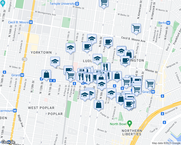 map of restaurants, bars, coffee shops, grocery stores, and more near 1304 North Marshall Street in Philadelphia