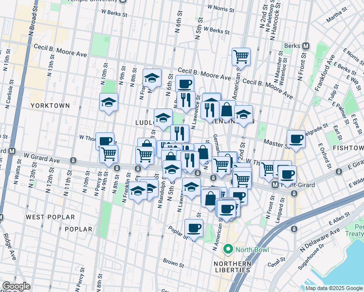 map of restaurants, bars, coffee shops, grocery stores, and more near 1317 North 5th Street in Philadelphia