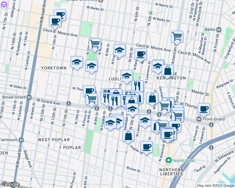 map of restaurants, bars, coffee shops, grocery stores, and more near 1304 North Marshall Street in Philadelphia