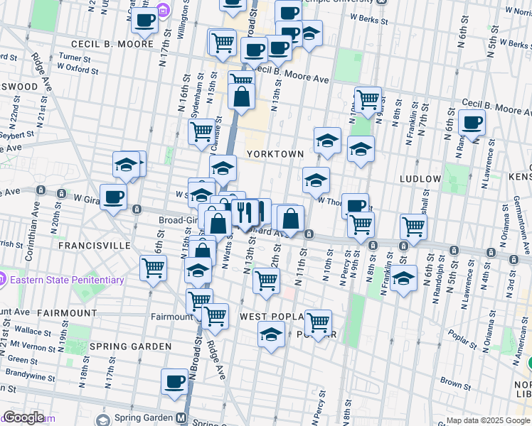 map of restaurants, bars, coffee shops, grocery stores, and more near 1221 West Flora Street in Philadelphia