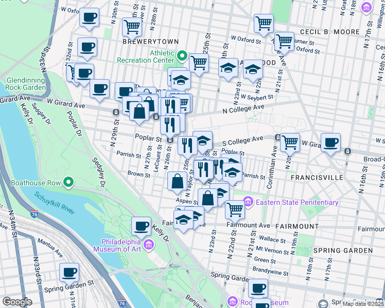 map of restaurants, bars, coffee shops, grocery stores, and more near 882 North Taylor Street in Philadelphia