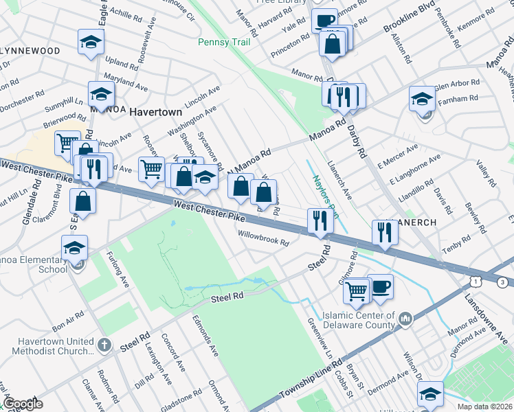 map of restaurants, bars, coffee shops, grocery stores, and more near 28 Upland Road in Havertown