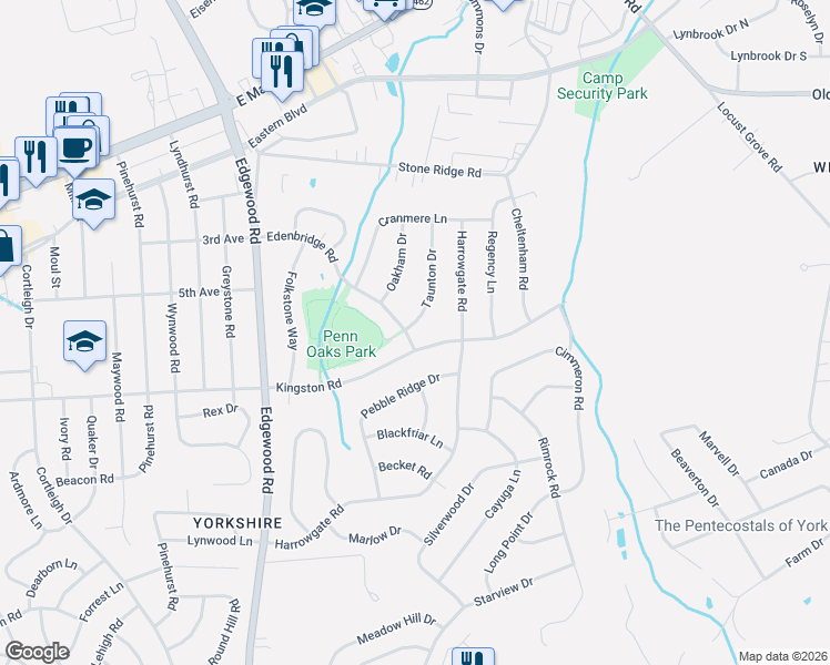 map of restaurants, bars, coffee shops, grocery stores, and more near 3480 Edenbridge Road in York