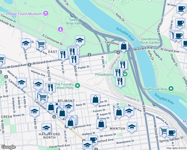 map of restaurants, bars, coffee shops, grocery stores, and more near 3856 Pennsgrove Street in Philadelphia