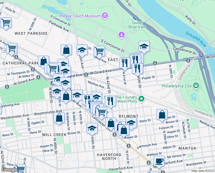 map of restaurants, bars, coffee shops, grocery stores, and more near 4203 Mantua Avenue in Philadelphia