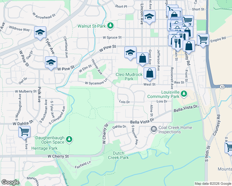 map of restaurants, bars, coffee shops, grocery stores, and more near 217 Lois Drive in Louisville