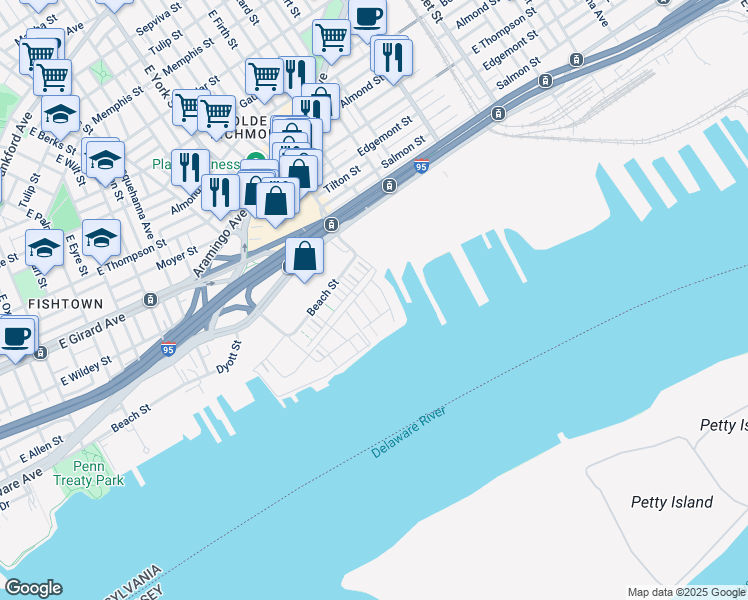 map of restaurants, bars, coffee shops, grocery stores, and more near 3120 Sunrise Walk in Philadelphia