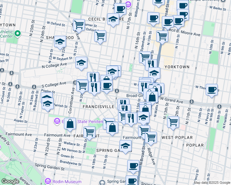map of restaurants, bars, coffee shops, grocery stores, and more near 1702 West Girard Avenue in Philadelphia