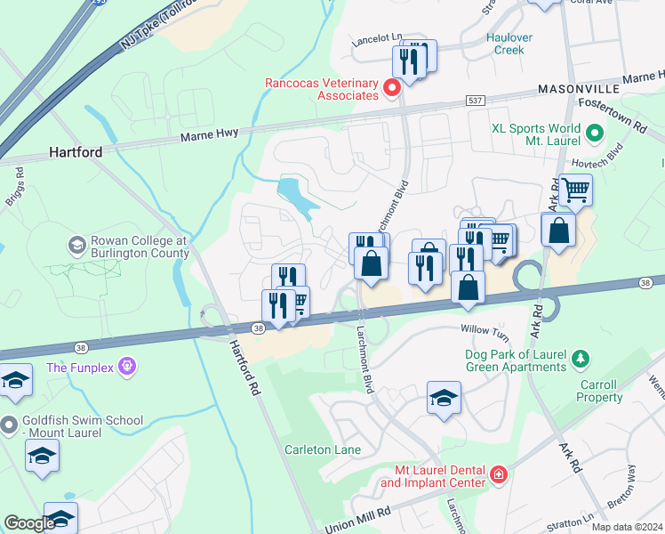 map of restaurants, bars, coffee shops, grocery stores, and more near 898 Bradley Court in Mount Laurel