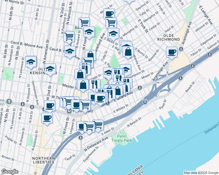 map of restaurants, bars, coffee shops, grocery stores, and more near 432 East Thompson Street in Philadelphia