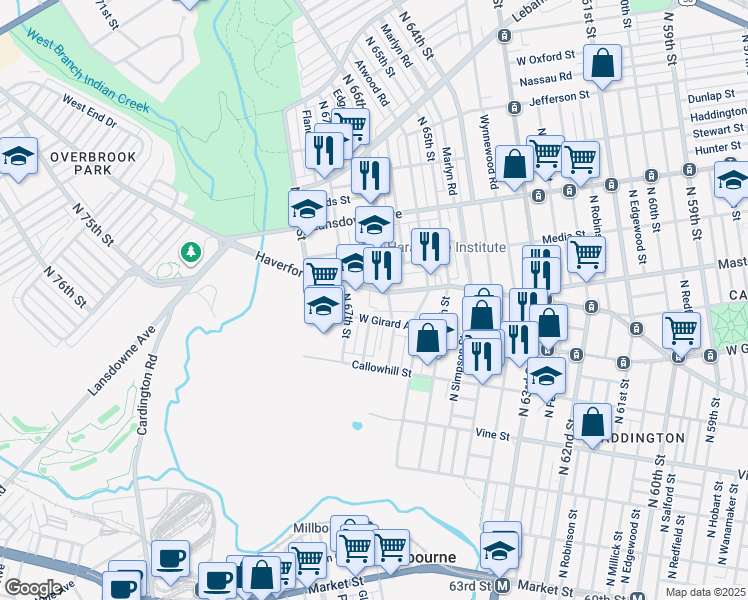 map of restaurants, bars, coffee shops, grocery stores, and more near 6608 Haverford Avenue in Philadelphia
