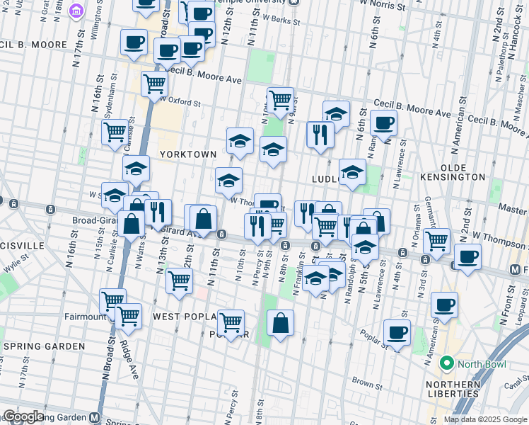 map of restaurants, bars, coffee shops, grocery stores, and more near 1235 North Hutchinson Street in Philadelphia