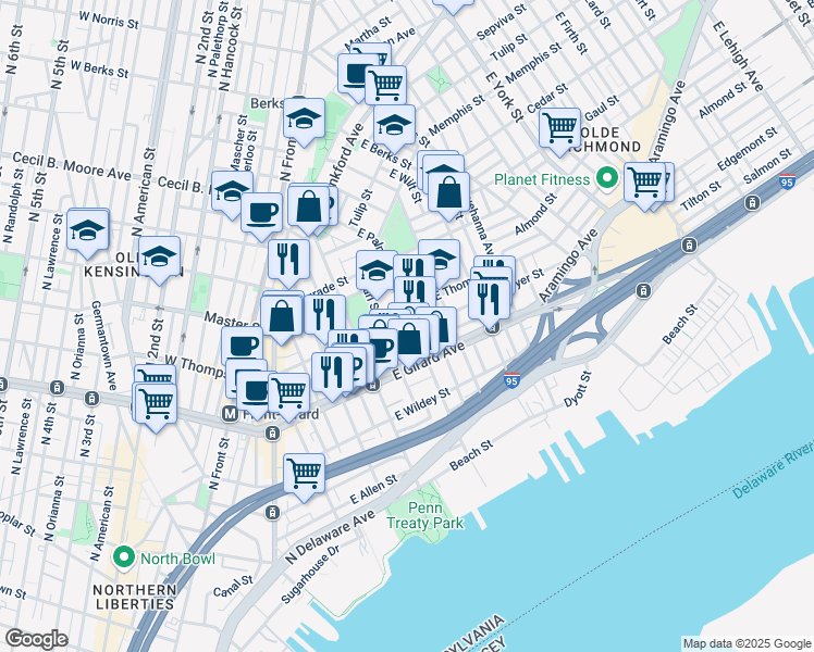 map of restaurants, bars, coffee shops, grocery stores, and more near 1236 East Palmer Street in Philadelphia