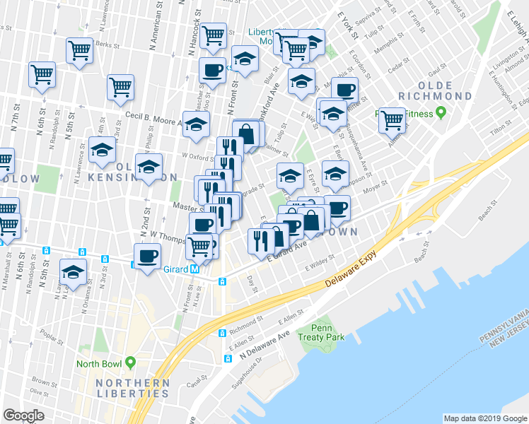 map of restaurants, bars, coffee shops, grocery stores, and more near 1311 East Oxford Street in Philadelphia